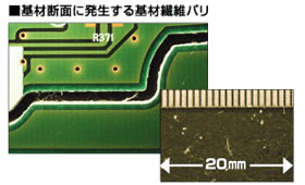 機材断面に発生する機材繊維バリの写真